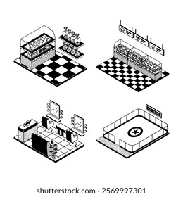 Retro isometric monoline doodle retail store shopping mall