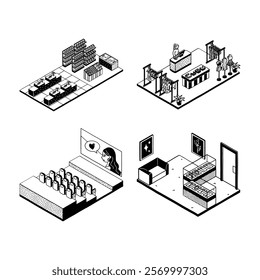 Retro isometric monoline doodle retail store shopping mall