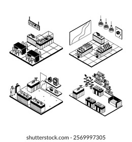 Retro isometric monoline doodle retail store shopping mall