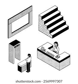 Retro isometric monoline doodle retail store shopping mall