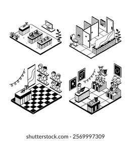 Retro isometric monoline doodle retail store shopping mall