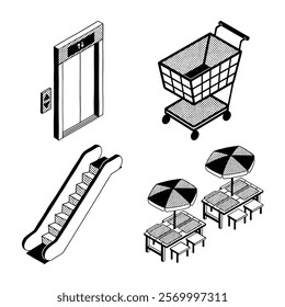 Retro isometric monoline doodle retail store shopping mall