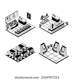 Retro isometric monoline doodle retail store shopping mall