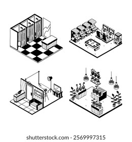 Retro isometric monoline doodle retail store shopping mall