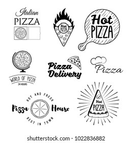 Retro italian cuisine restaurant labels, logos and emblems vector set. Food and cuisine, sign and label pizza lasagna pasta illustration