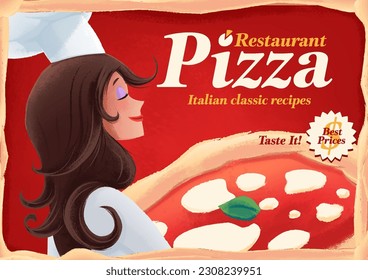 retro italian pizza banner with woman chef
