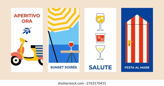 Retro Italian Summer Poster Set with Aperitivo Beach Umbrella Cocktail and Seaside Lifestyle Vintage Travel Design Collection
