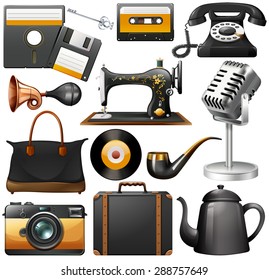 Retro items in black color on a white background