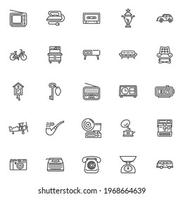 Retro items line icons set. linear style symbols collection outline signs pack. Vintage equipment vector graphics. Set includes icons as retro tv, vintage furniture, audio cassette tape, old telephone