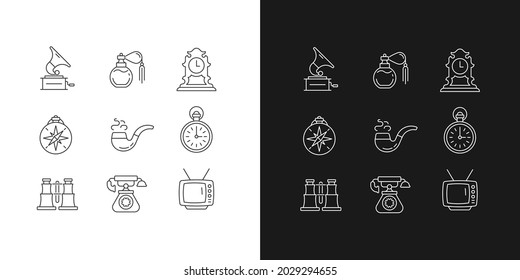 Retro items linear icons set for dark and light mode. Phonograph records. Vintage perfume. Tabletop clock. Customizable thin line symbols. Isolated vector outline illustrations. Editable stroke