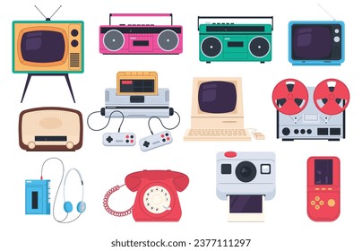 Retro items, TV, computer, music recorders. Devices and gadgets of the 90s. Elements for retro banners. Vector illustration