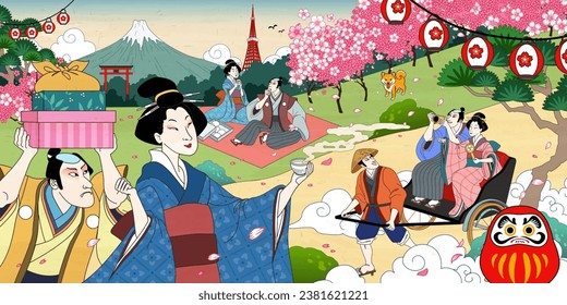 Retro Japan scenery in Ukiyo e style. People doing activity at the park for cherry blossom viewing.