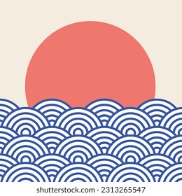 retro japan traditional blue wave and red sun square background wallpaper illustration