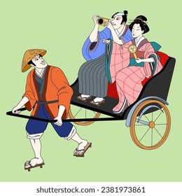 Retro Japan Ukiyo e style tourists on rickshaw drawn by a man on light green background.