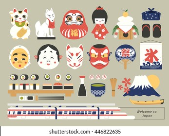 retro Japanese cultural stuffs collection - ice in Japanese on the flag/ good fortune on the daruma