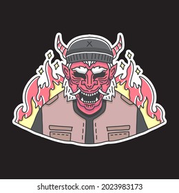 Retro Japanese devil in fire illustration. Vector graphics for t-shirt prints and other uses.