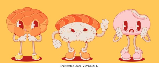 Retro Japanese food mascots set isolated on background. Contemporary vector cartoon illustration of mochi dessert, rice and fish sushi, chicken tempura characters smiling, Asian restaurant menu icons