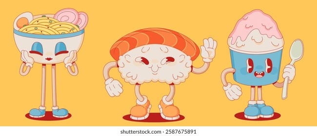 Retro Japanese food mascots - smiling ramen bowl with noodles, waving salmon nigiri sushi, happy ice dessert character with spoon. Kawaii menu items with expressive faces for Asian restaurant design.