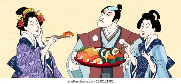 Retro Japanese people eating sashimi together in ukiyo-e style