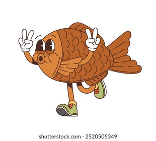 Retrô japonês taiyaki peixe groovy personagem em quadrinhos de desenhos animados, vetor engraçado pastelaria sobremesa. Groovy funky taiyaki bolo de peixe com rosto feliz e assobiando em boas vibrações, personagem de desenho animado japonês comida