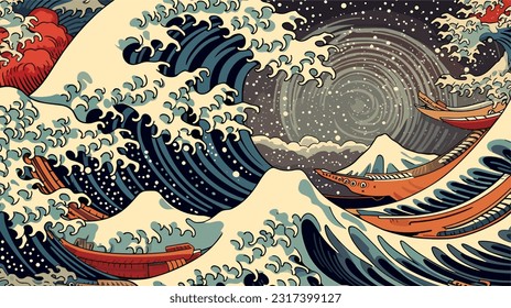 Retro Japanese waves background in Ukiyo-e style.