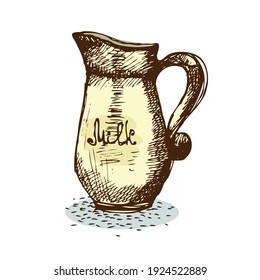 Retro jar with milk on white background doodle vector illustration