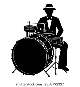 Retro Jazz Drummer Silhouette. Vector clipart isolated on white.