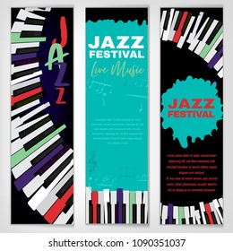 Retro jazz festival banners with a piano keyboard in bright colors. Editable vector illustration. Portrait templates in a modern style useful for musical concert or festival poster design.