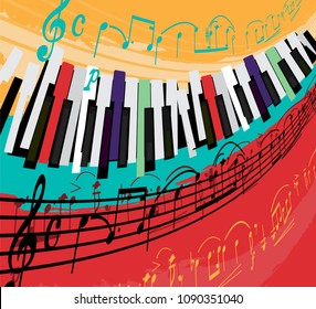 Retro jazz festival poster with a piano keyboard in bright colors. Editable vector illustration. Portrait image in a modern style useful for musical concert or festival poster design.