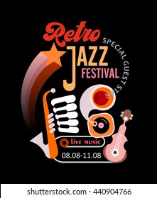 Retro jazz festival vector poster. Art composition of gramophone and musical instruments on a black background.