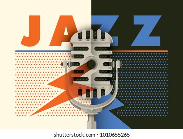 Diseño de afiches de jazz retro con micrófono y tipografía. Ilustración vectorial.