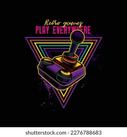 Retro joystick from 8-bit consoles. Vector illustration in neon style. T-shirt design, design element.