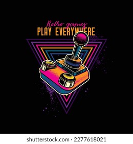 Retro joystick from 8-bit consoles. Vector illustration in neon style. T-shirt design, design element.