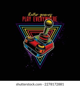 Retro joystick from 8-bit consoles. Vector illustration in neon style. T-shirt design, design element.