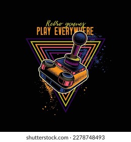 Retro joystick from 8-bit consoles. Vector illustration in neon style. T-shirt design, design element.