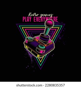 Retro joystick from 8-bit consoles. Vector illustration in neon style. T-shirt design, design element.