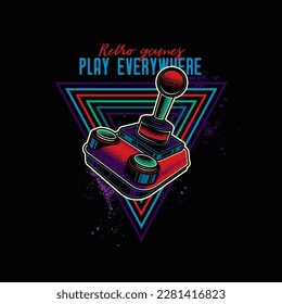 Retro joystick from 8-bit consoles. Vector illustration in neon style. T-shirt design, design element.