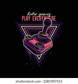 Retro joystick from 8-bit consoles. Vector illustration in neon style. T-shirt design, design element.