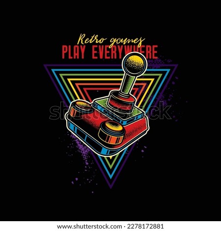 Retro joystick from 8-bit consoles. Vector illustration in neon style. T-shirt design, design element.