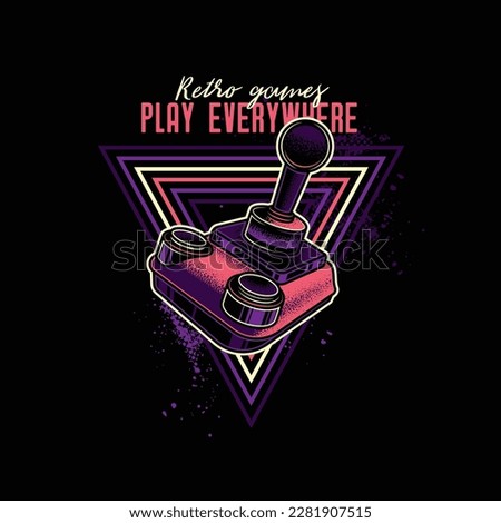 Retro joystick from 8-bit consoles. Vector illustration in neon style. T-shirt design, design element.