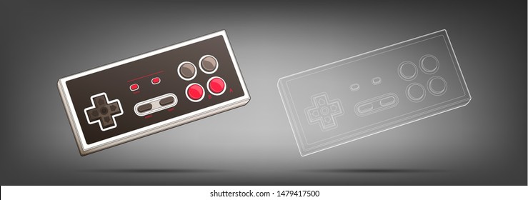 Retro joystick gamepad vector illustration. Color and monochrome version in 3d view. Retro gamepad for videogames