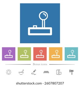 Retro joystick outline flat white icons in square backgrounds. 6 bonus icons included.
