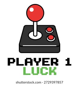 Joystick retro y texto de píxeles que dice Jugador 1 Suerte, ideal para juegos y temas de arcade.