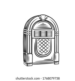 Retro jukebox monochrome icon. Vector illustration of fifties rock and roll hits, vintage juke box badge.