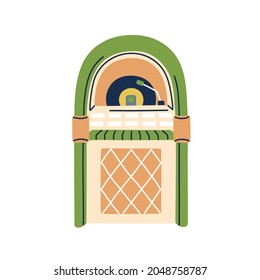 Retro jukebox with vinyl. Juke box, music machine of 1950s. Old musical automated equipment of 50s. Oldschool vintage object. Doodle flat vector illustration isolated on white background