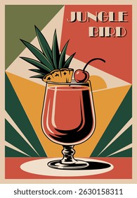 Retro Jungle Bird cocktail poster in mid-century modern style. Vintage drink art print with classic bar aesthetic. Perfect for kitchen, bar, restaurant wall decor
