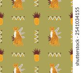 Retro jungle wildlife seamless pattern. Hand drawn style summer background illustration. Vintage exotic nature textile print, cheetah animal texture with pineapple doodle.