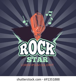 Retro karaoke music club, audio record studio vector logo, badge with microphone and star on sunburst background