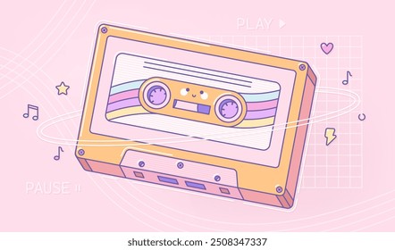 Retro kawaii cassette for portable music player with cute face.