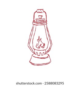 Retro kerosene lamp vector illustration, vintage old lantern clip art, antique bushcraft lamp, camping lantern image, outdoor oil lamp. Doodle vector illustration in isolated on white background